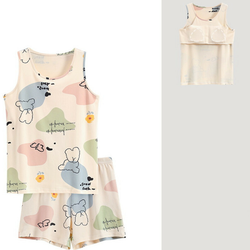 Cotton vest shorts pajama set with chest pad [M-XXL SF-C6406] [Contact customer service to confirm the shipping size after placing an order]