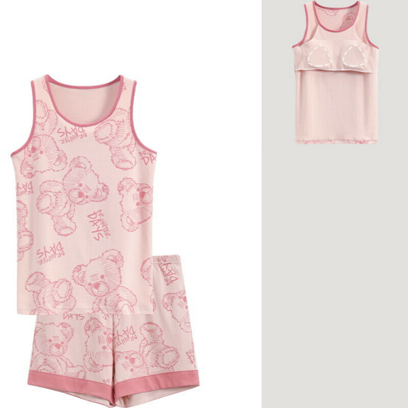 Cotton vest shorts pajama set with chest pad [M-XXL SF-C6403] [Contact customer service to confirm the shipping size after placing an order]