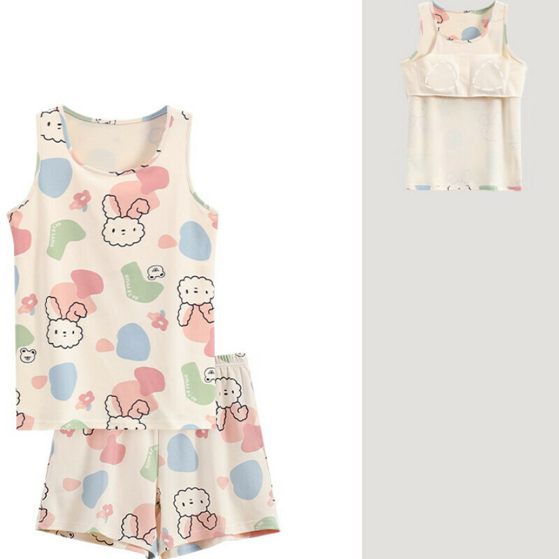 Cotton tank top and shorts pajama set with chest pad [M-XXL SF-C6401] [Contact customer service to confirm the shipping size after placing an order]