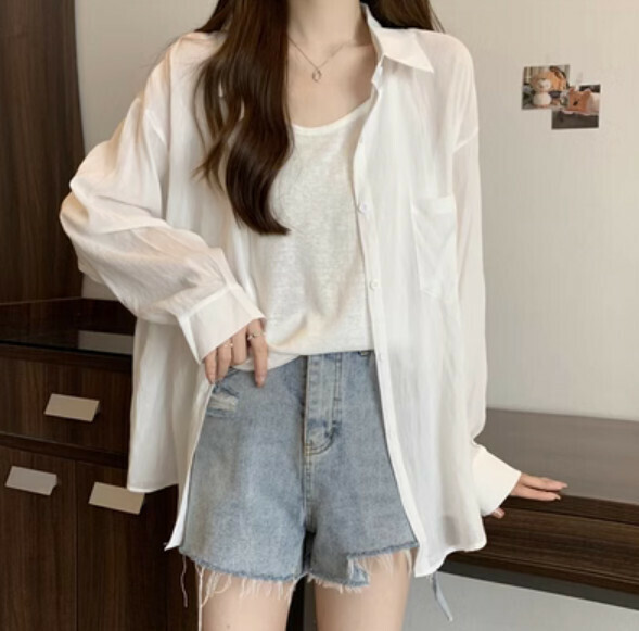Summer Loose Long Sleeve Shirt (White) [One Size] [Without Suspenders]