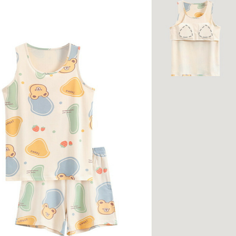 Cotton vest shorts pajama set with chest pad [M-XXL SF-C6407] [Contact customer service to confirm the shipping size after placing an order]