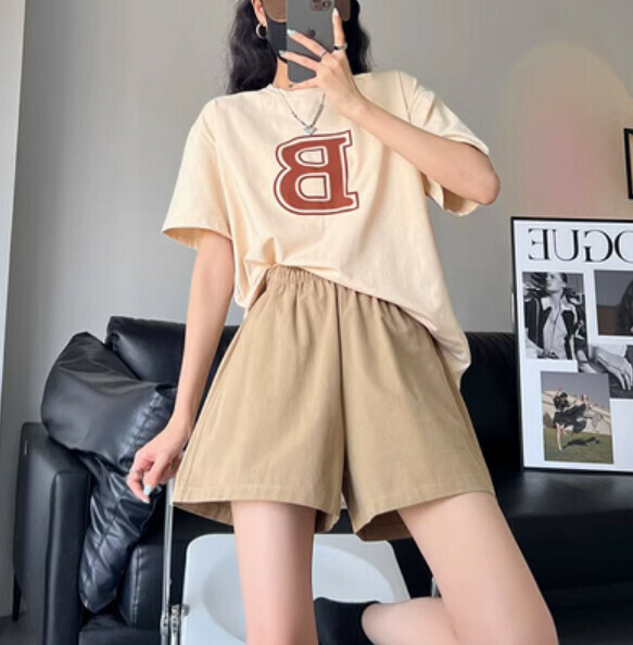 Summer thin high-waisted loose wide-leg five-point pants (khaki) [size: S-2XL] [Contact customer service to confirm the shipping size after placing an order]