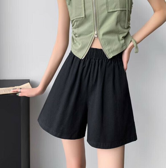Summer thin high-waisted loose wide-leg five-point pants (black) [Size: S-2XL] [Contact customer service to confirm the shipping size after placing an order]
