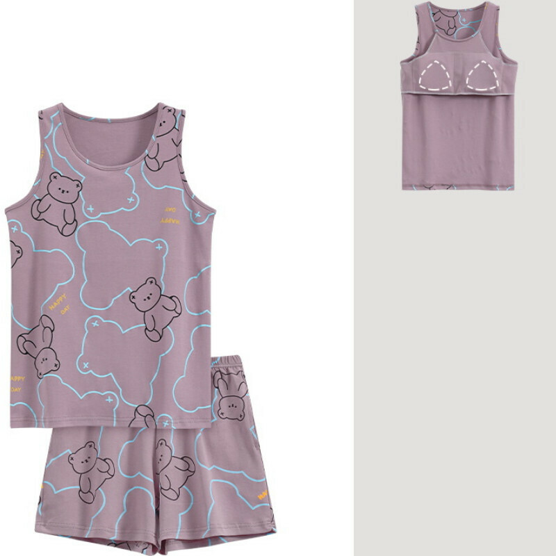 Cotton vest shorts pajama set with chest pad [M-XXL SF-C6409] [Contact customer service to confirm the shipping size after placing an order]