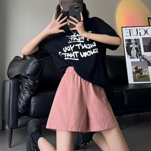 Summer thin high-waisted loose wide-leg five-point pants (pink) [Size: S-2XL] [Contact customer service to confirm the shipping size after placing an order]