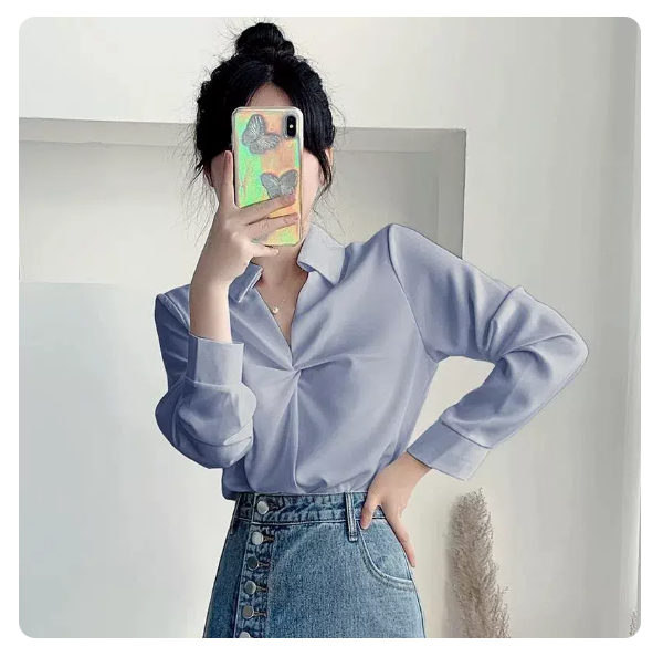 Chiffon V-neck pleated long sleeve shirt (blue size: S-3XL) (please contact customer service to confirm the shipping size after placing an order)