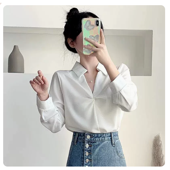 Chiffon V-neck pleated long sleeve shirt (white size: S-3XL) (please contact customer service to confirm the shipping size after placing an order)