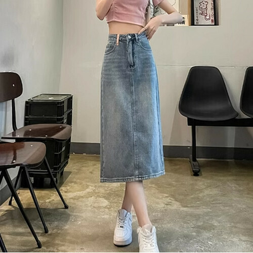 Hot selling slit denim skirt [light blue] [XS-XL size] (please contact customer service to confirm the delivery size after placing the order)