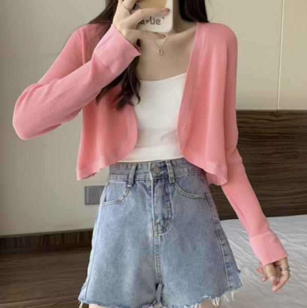 Layered over the cover-up ice silk thin knitted sunscreen cardigan (pink size: S-L (contact customer service to confirm the shipping size after placing the order)) #F134020239