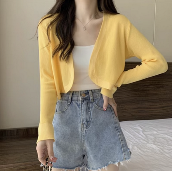 Cover-up shirt Ice Silk thin knitted sunscreen cardigan (yellow size: S-L (contact customer service to confirm the shipping size after placing an order)) #F134020240