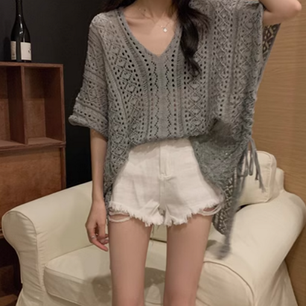 Cut-out strappy top knitted cut-out cover-up (grey) (size: one-size-fits-all) #F134020241