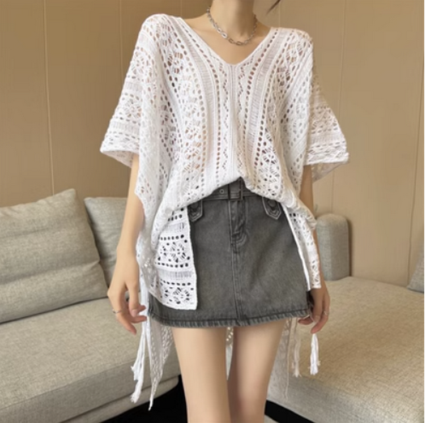 Cut-out strappy top knitted cut-out cover-up (white) (size: one size) #F134020242