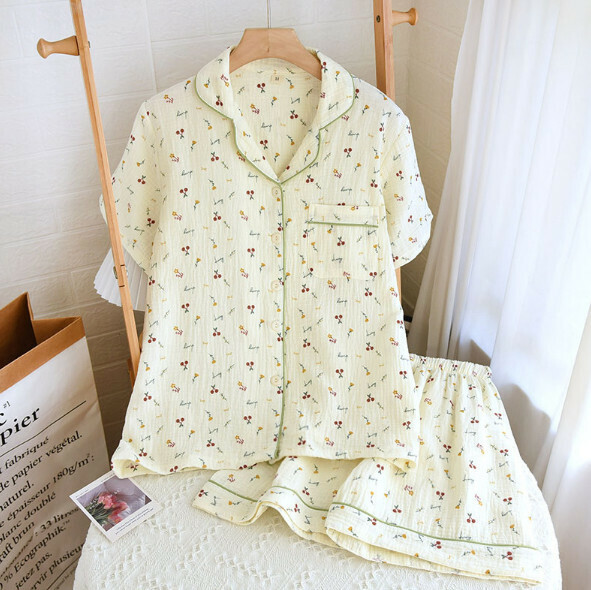 Floral thin loungewear set (LJH small cherry-crepe lapel shorts) [M-XL size] [Contact customer service to confirm the shipping size after placing an order]