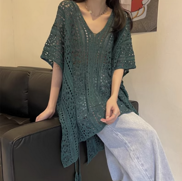 Cut-out lace-up top, knitted cut-out cover-up (green) (size: one size) #F134020243