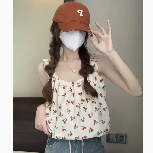 熱賣方領碎花吊帶背心(杏色 尺碼:S-3XL)(下單後請聯絡客服確認發貨尺碼)
