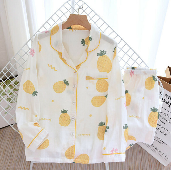 Long-sleeved cotton gauze pajamas (ZHY white background pineapple) [M-XL size] [Contact customer service to confirm the shipping size after placing an order]