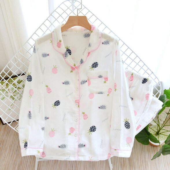 Long-sleeved cotton gauze pajamas (ZHY small pineapple on white background) [M-XL size] [Contact customer service to confirm the shipping size after placing an order]