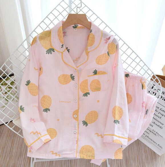 Long-sleeved cotton gauze pajamas (ZHY foundation large pineapple) [M-XL size] [Contact customer service to confirm the shipping size after placing an order]
