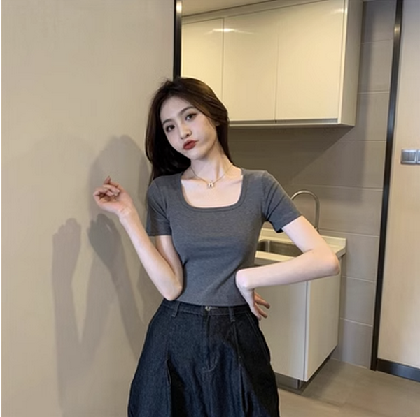Slim Slim Retro Compact Crop Neck T-Shirt (Grey) (Size: One Size)