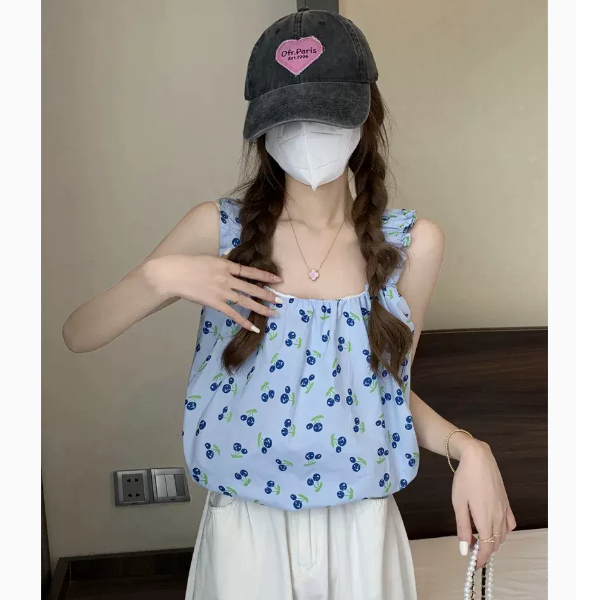 熱賣方領碎花吊帶背心(藍色 尺碼:S-3XL)(下單後請聯絡客服確認發貨尺碼)