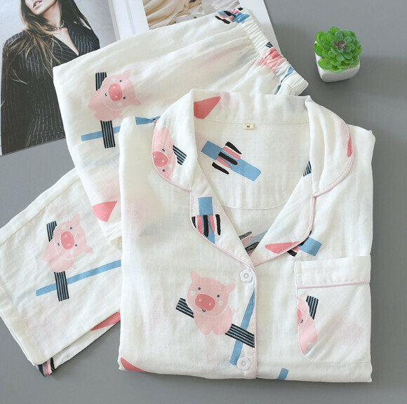 Long-sleeved cotton gauze pajamas (SXL white piggy) [M-XL size] [Contact customer service to confirm the shipping size after placing an order]