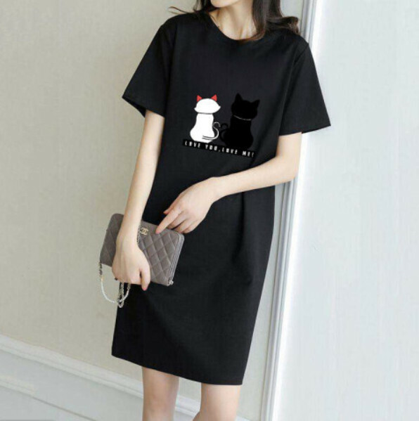 Mid-length loose and thin T dress [6Q383 Black Two Cats] (M-3XL size) (Contact customer service to confirm size after placing an order)