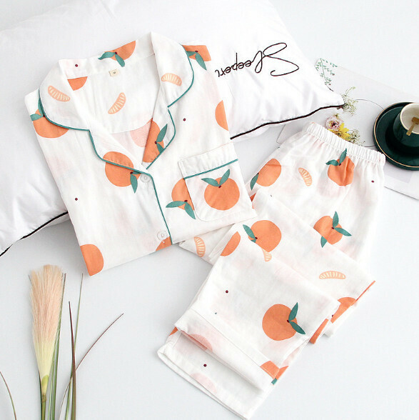 Long-sleeved cotton gauze pajamas (SXL white orange) [M-XL size] [Contact customer service to confirm the shipping size after placing an order]
