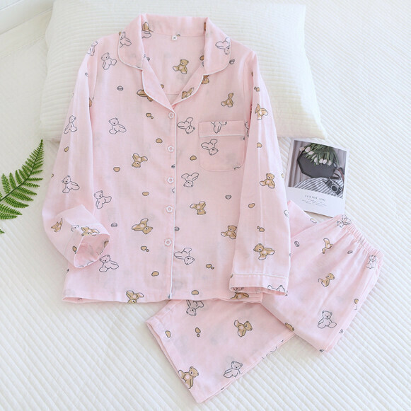 Long-sleeved cotton gauze pajamas (ZHY pink bear) [M-XL size] [Contact customer service to confirm the shipping size after placing an order]