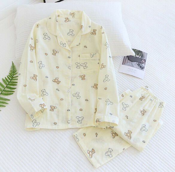 Long-sleeved cotton gauze pajamas (ZHY beige bear) [M-XL size] [Contact customer service to confirm the shipping size after placing an order]