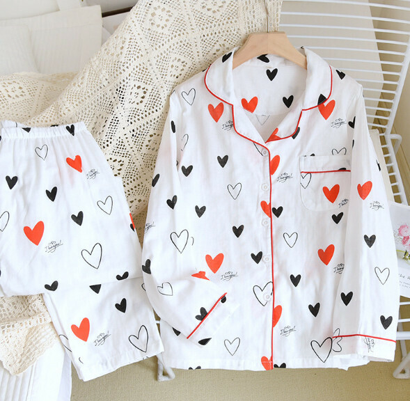 Long-sleeved cotton gauze pajamas (LJ white background love) [M-XL size] [Contact customer service to confirm the shipping size after placing an order]