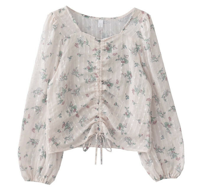 Hot Selling Floral Long Sleeve Drawstring Shirt [Picture Color] [One Size Fits All]