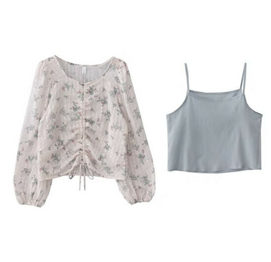 Hot selling floral long-sleeved drawstring shirt + small suspenders [picture color] [one size fits all]