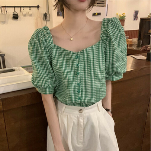 Hot Selling Puff Sleeve Square Collar Plaid Shirt [Green] [One Size Fits All]