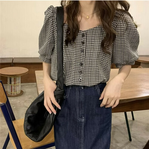 Hot Selling Puff Sleeve Square Collar Plaid Shirt [Black] [One Size Fits All]