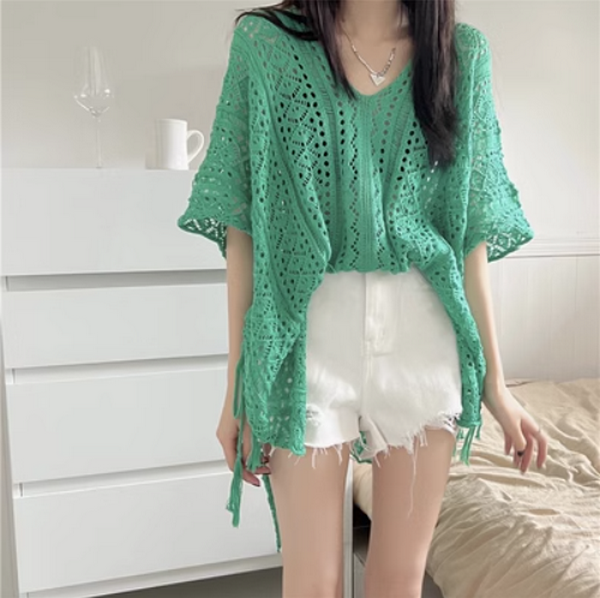 Cut-out lace-up top, knitted cut-out cover-up (light green) (size: one-size-fits-all) #F134020246