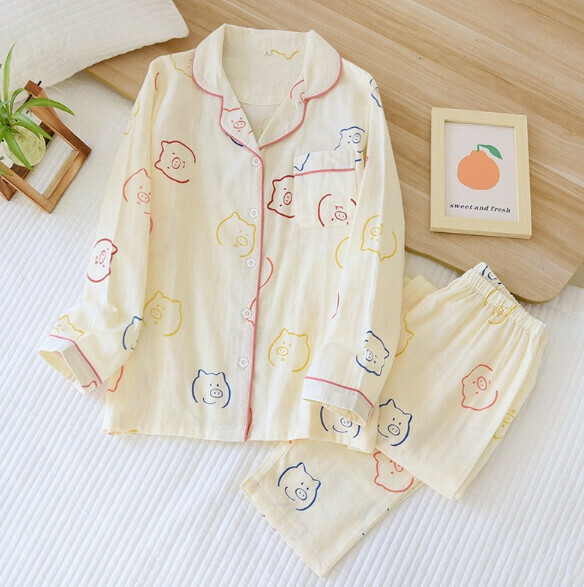 Long-sleeved cotton gauze pajamas (SXL color piggy) [M-XL size] [Contact customer service to confirm the shipping size after placing an order]