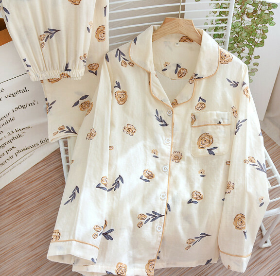 Long-sleeved cotton gauze pajamas (ZHY noble rose) [M-XL size] [Contact customer service to confirm the shipping size after placing an order]
