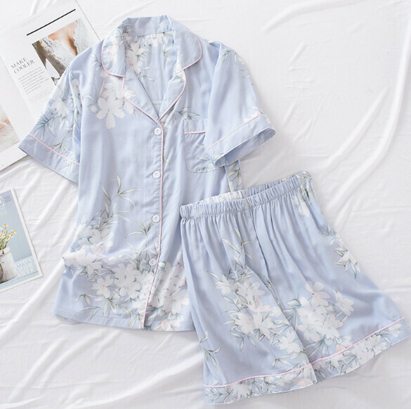 Spring and Summer Short Sleeve Shorts Cardigan Pajama Set (LJH Light Blue Big Flower Cotton) [M-XL Size] [Contact Customer Service to Confirm Shipping Size after Placing an Order]