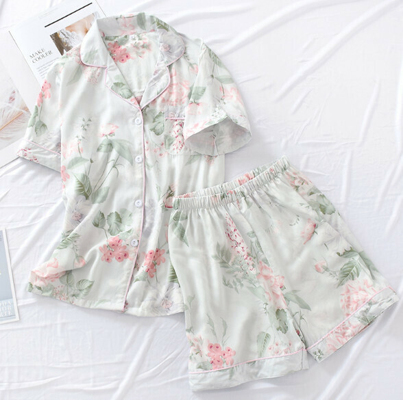 Spring and Summer Short Sleeve Shorts Cardigan Pajama Set (LJH Light Green Big Flower Cotton) [M-XL Size] [Contact Customer Service to Confirm Shipping Size after Placing an Order]