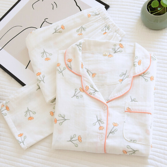 Long-sleeved cotton gauze pajamas (SXL white small flowers) [M-XL size] [Contact customer service to confirm the shipping size after placing an order]