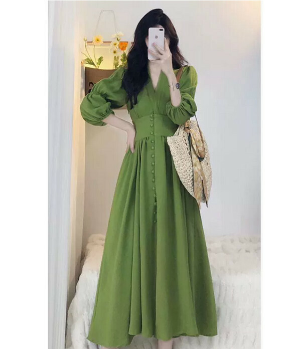 Temperament split V-neck puff sleeve dress # single piece (green) (size M-4XL) (contact customer service to confirm size after placing an order) #F105034158