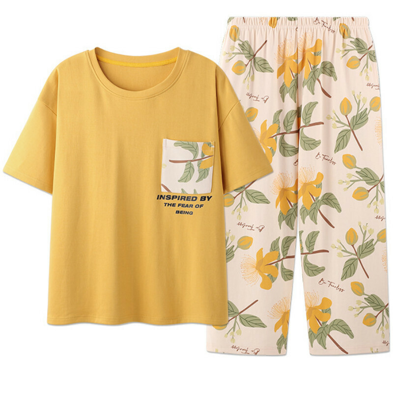 Cotton crew neck short sleeve cropped pants pajama set [M-XXL size LF-252] [Contact customer service to confirm the shipping size after placing the order] #F284003093