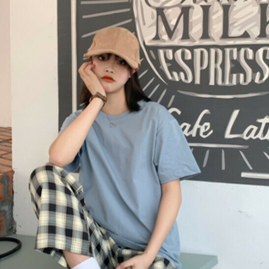 Short-sleeved solid color T-shirt (haze blue S-4XL, contact customer service to confirm the shipping size after placing an order) #F337001064