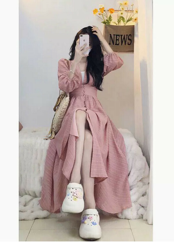 Temperament split V-neck puff sleeve dress # single piece (pink) (M-4XL size) (contact customer service to confirm size after placing an order) #F105034159
