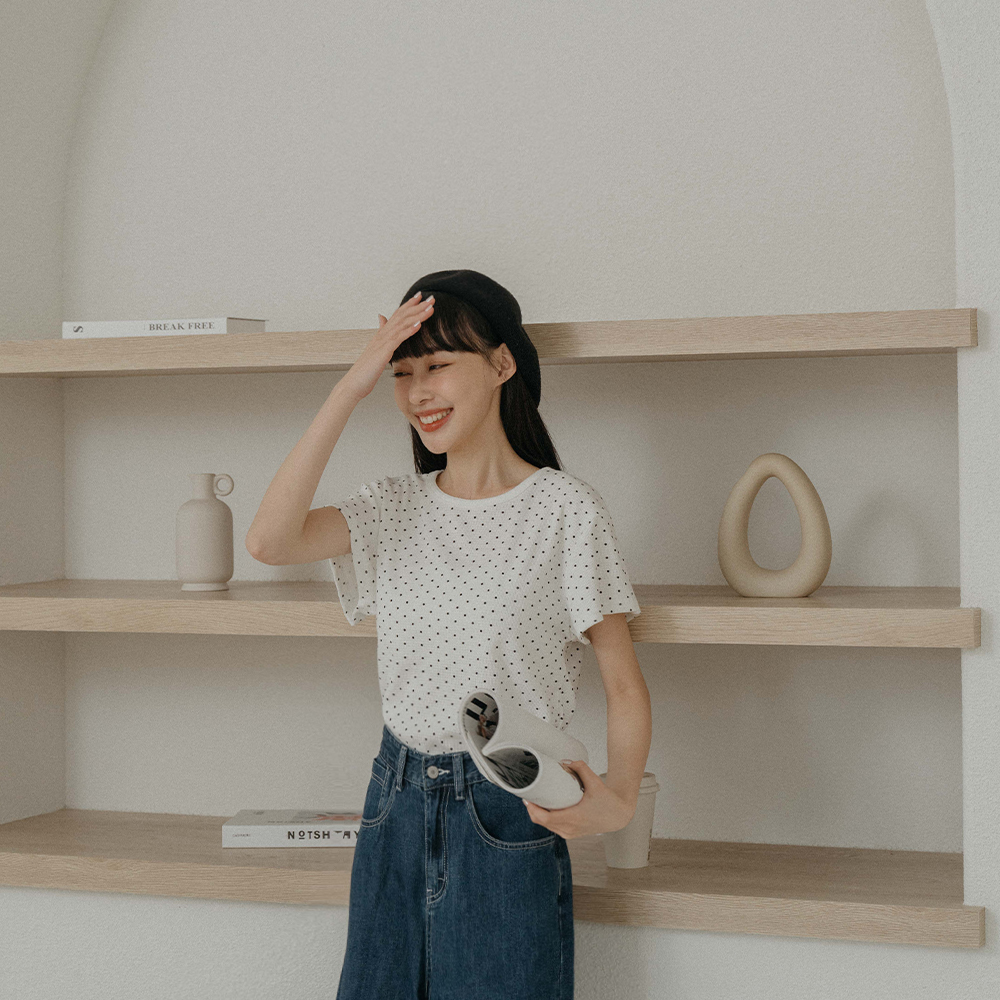 Dot Print Pit Stripe Stretch Top Sold in 4 Colors【01039929】in stock+pre-order