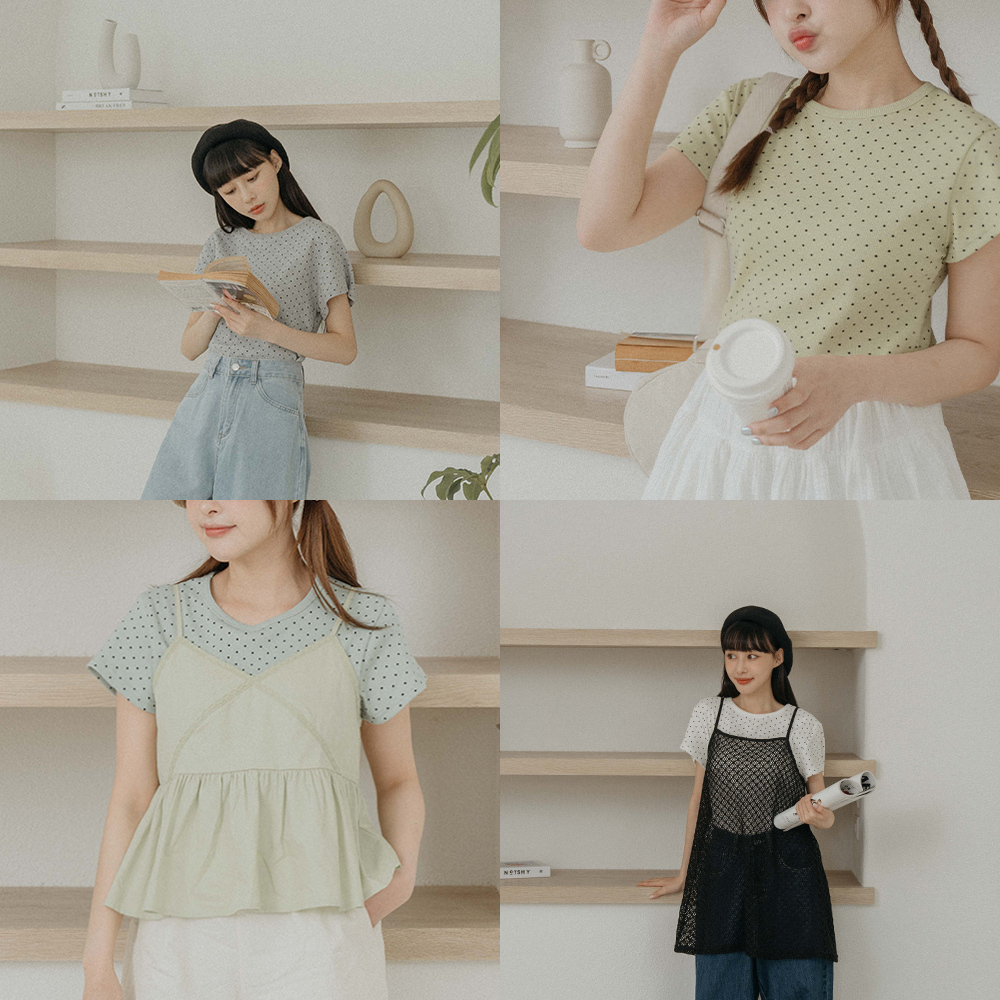 Dot Print Pit Stripe Stretch Top Sold in 4 Colors【01039929】in stock+pre-order
