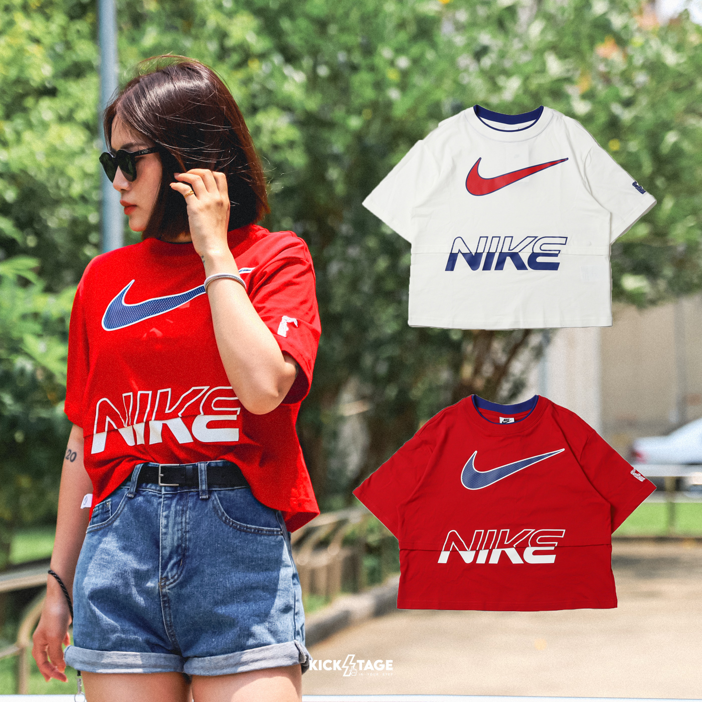 [特價售出無退換] 女款 NIKE SPORTSWEAR 紅 米白 假兩件 拼接 休閒 短版 短袖 短T【HF6291】NIKEDANCEPACK