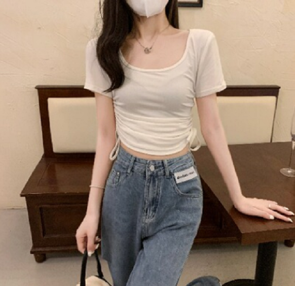 Slim Shoulder Short Sleeve T-Shirt (White) (Size: One-size-fits-all) #F134020250