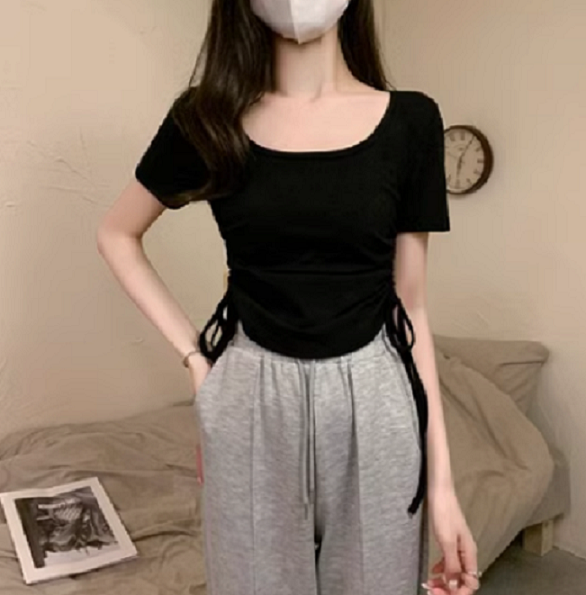 Slim Shoulder Short Sleeve T-Shirt (Black) (Size: One Size) #F134020251
