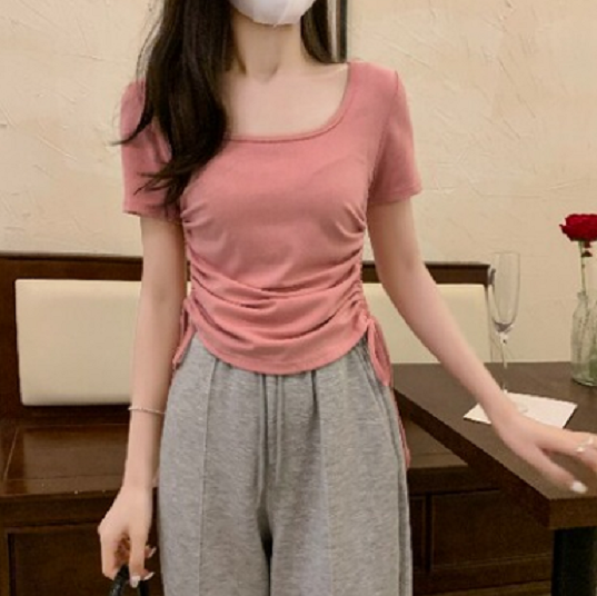 Slim Shoulder Short Sleeve T-Shirt (Pink) (Size: One Size) #F134020252